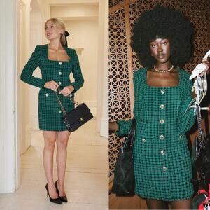 Rebecca Vallance Green Becca Checked Tweed Long Sleeve Mini Dress US 10/AUS 14
